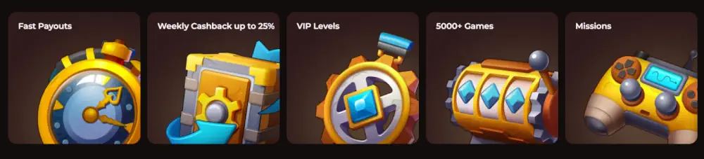 Caratteristiche della piattaforma Vinci Spin tra cui pagamenti rapidi, cashback settimanale e livelli VIP